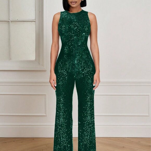 Green Party Women's Sequin Sleeveless Wide Leg Unitard - Picture 4 of 4